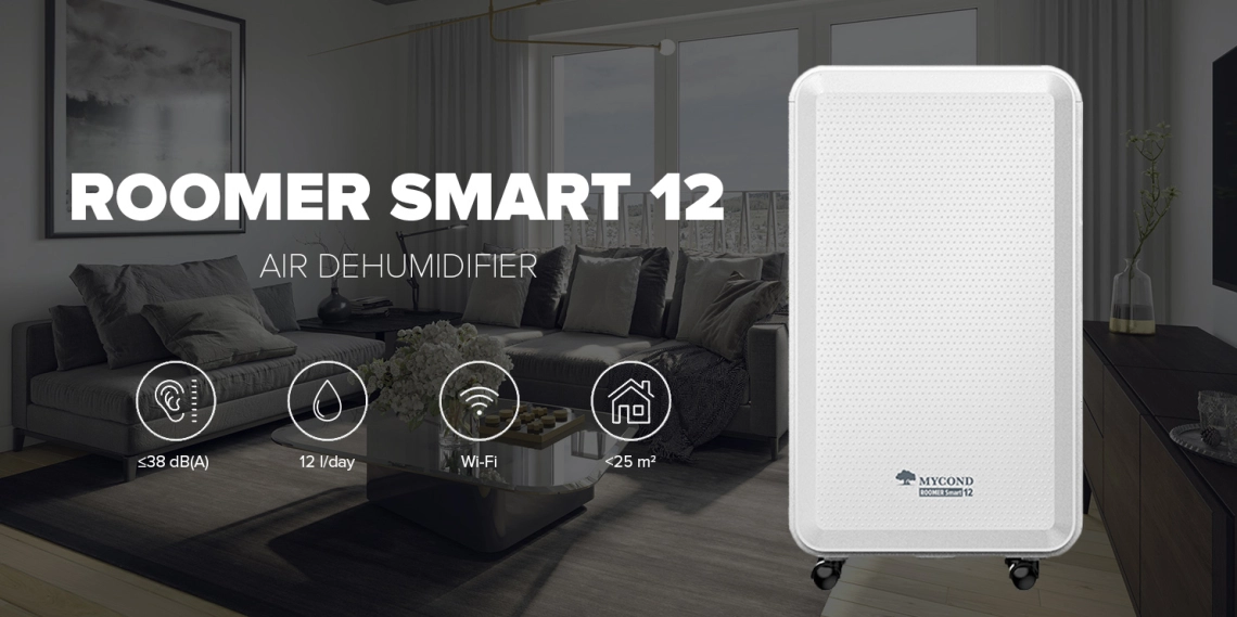 MyCond kompaktais Roomer Smart 12 gaisa mitrinātājs, kas paredzēts lietošanai dzīvojamās telpās.