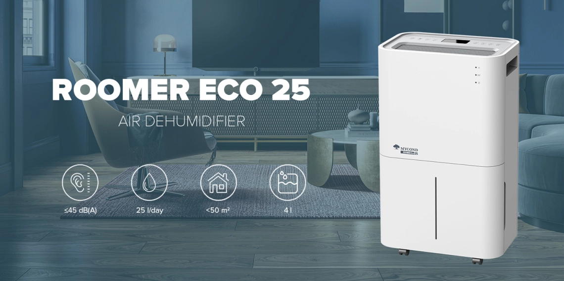 Kompakts MyCond Roomer Eco 25 gaisa mitrinātājs, kas ideāli piemērots lietošanai mājās.
