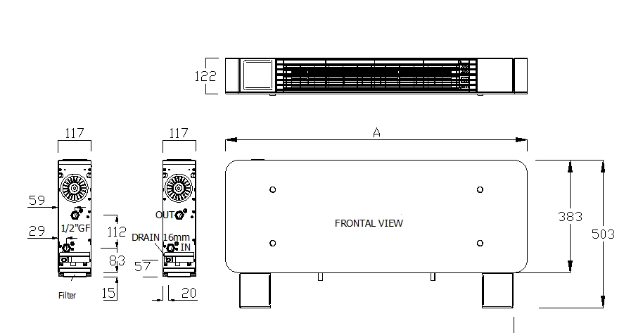 MyCond sudraba stikla zemās sērijas zemās grīdas ventilatoru spirāles izmēra diagramma.