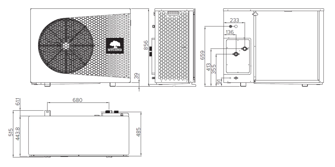 Diagramma, kurā parādīti kompakta monobloka siltumsūkņa MyCond BeeThermic izmēri.