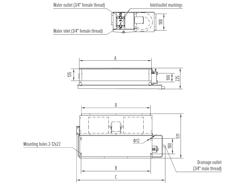 Diagramma, kurā parādīti vidēja izmēra ESP kanāla ventilatoru spoileru bloku MyCond MCFC sērijas izmēri.