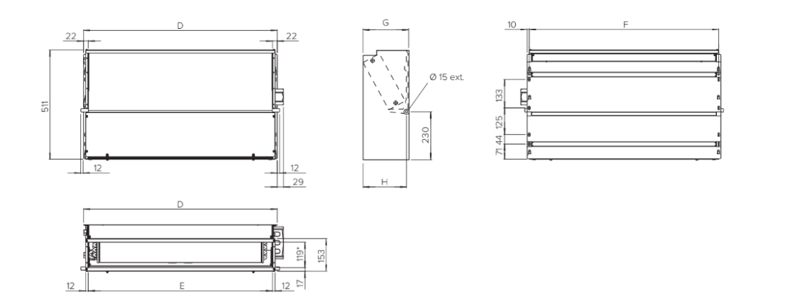 Diagramma, kurā parādīti MyCond SEC/F sērijas ventilatora spoles ierīces izmēri.