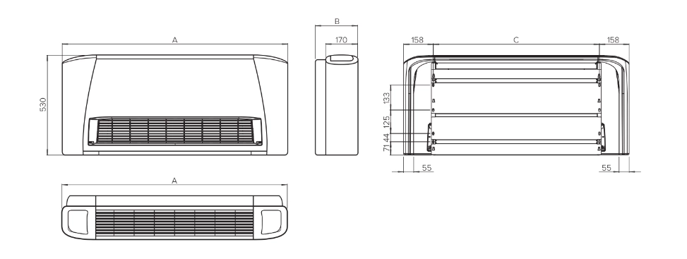 Diagramma, kurā parādīti MyCond SEC/F sērijas ventilatoru spoileru vienību izmēri.