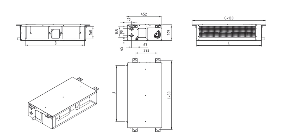 Diagramma, kurā parādīti MyCond MCFDS sērijas kanāla ventilatora spoles ierīces izmēri.