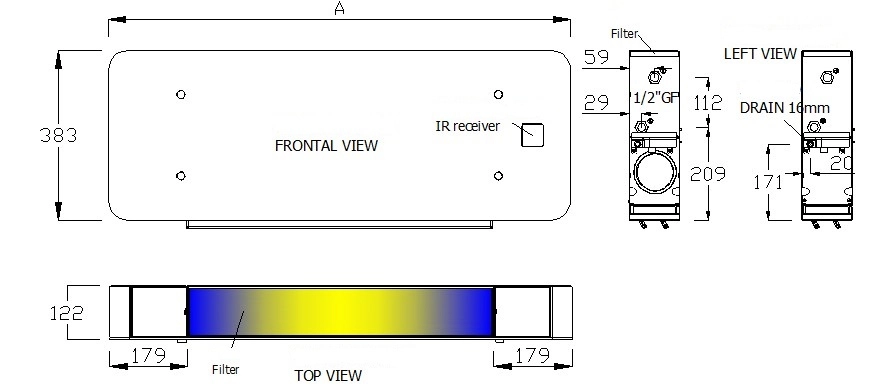 MyCond Silver Glass Wall ventilatoru spirāļsildītāju izmēri un svars.