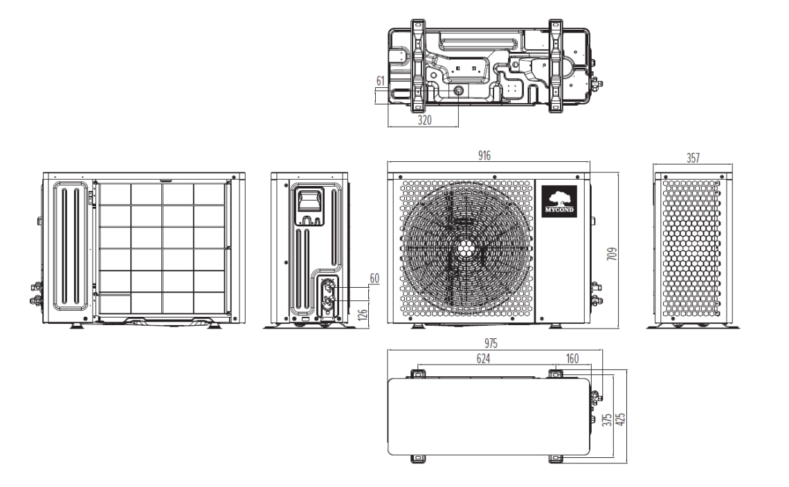 Appearance and dimensions of MHS-U6BH, MHS-U8BH outdoor unit