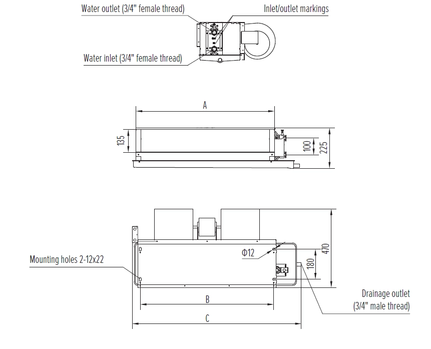 MyCond MCFC Diagramma Vidēja ESP ventilatora spoles vienības izmēri un specifikācijas.