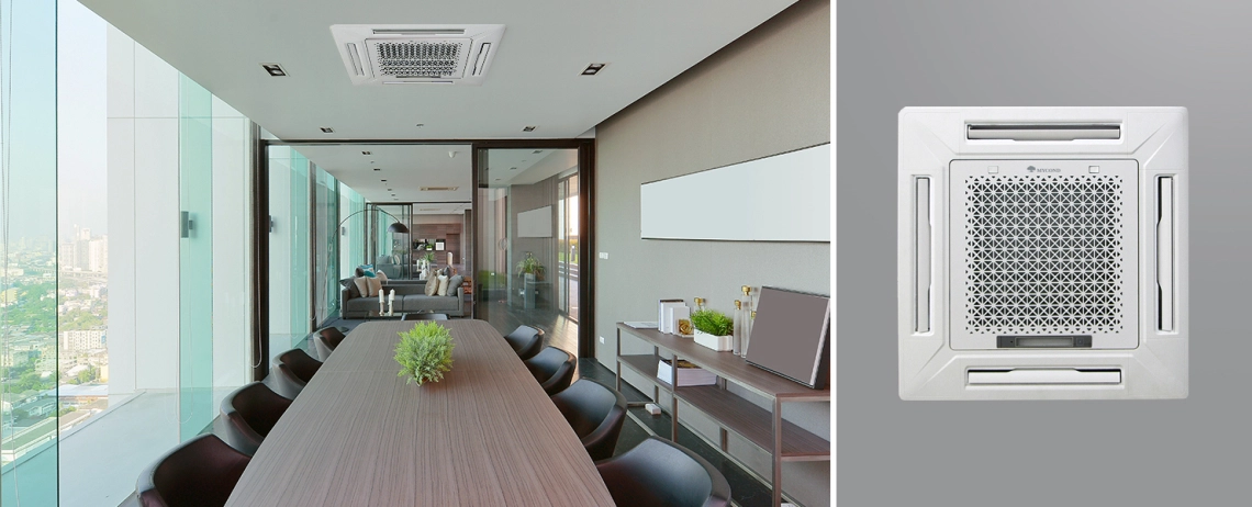 MyCond MCFK-T2 Mūsdienīgs 4 virzienu kasešu ventilatora spole ar energoefektīvu dizainu.