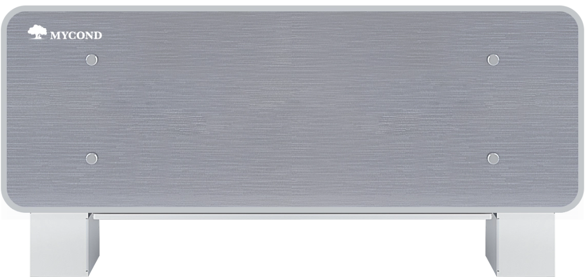 MyCond Silver Glass Low Elegants sudraba krāsas stikla ventilatora spirāles bloks efektīvai gaisa kondicionēšanai.