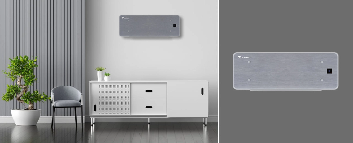 MyCond Silver Glass Wall Īpaši plāns ventilatora spole ar sudraba stikla dizainu un intuitīvu vadību.