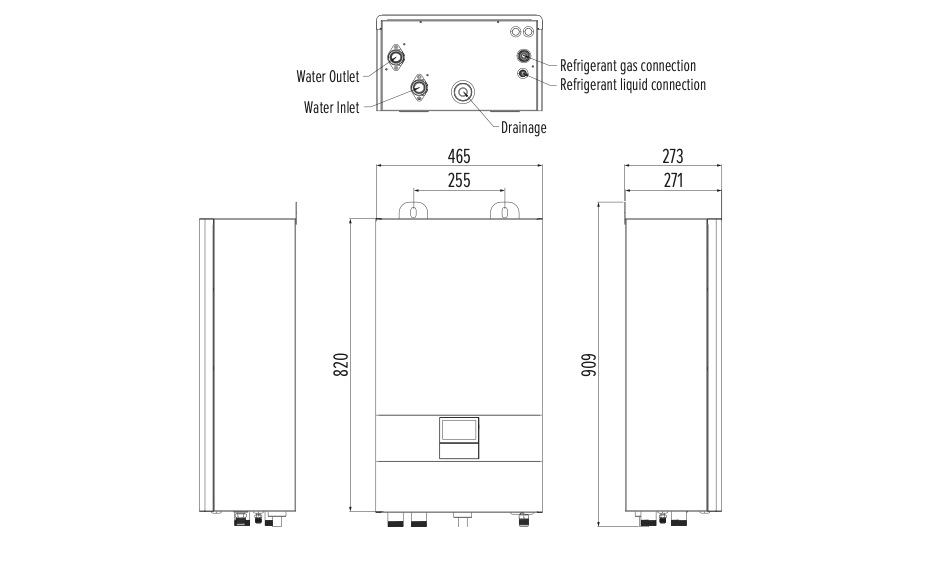 Indoor unit dimensions, refrigerant & water piping connections MHS-N6BH, MHS-N8BH, MHS-N10BH, MHS-N12BH, MHS-N14BH, MHS-N16BH
